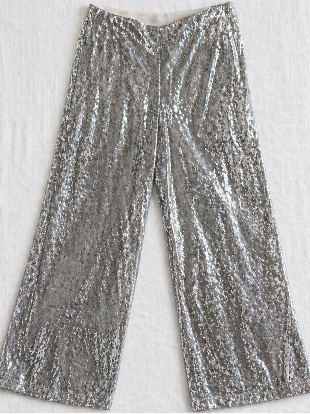 Boston Proper Malibu Silver Sequin Wide Leg Pants Lined Stretch Waist Glam Small - Picture 2 of 9
